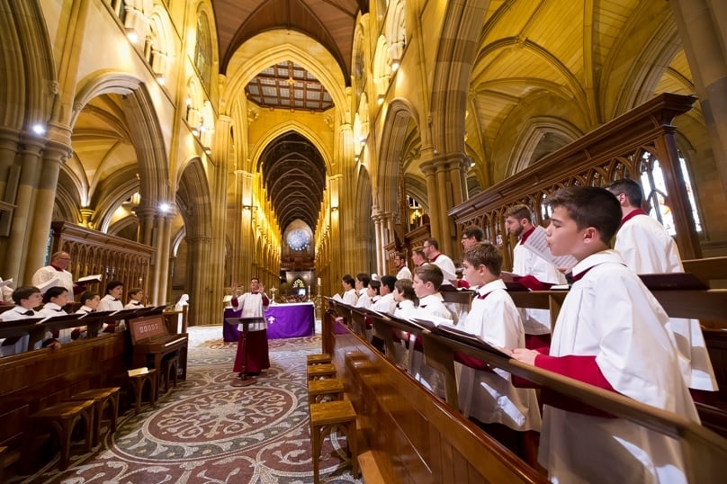 St Mary's music director Thomas Wilson and the St Mary's Cathedral Choir on Ash Wednesday 2015. Photo: Giovanni Portelli