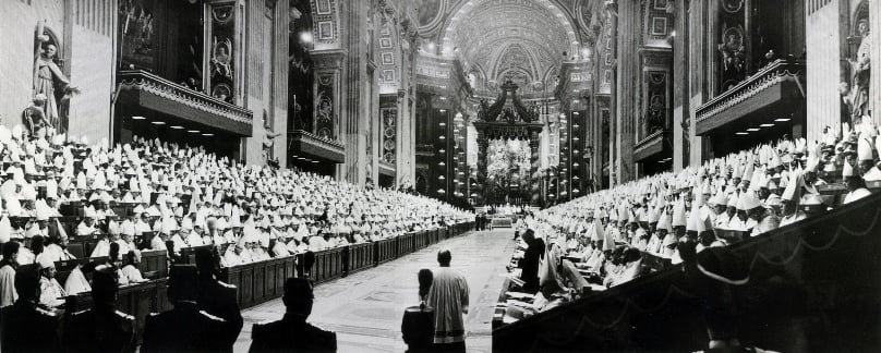 In this panoramic view, bishops of the world line the nave of St Peter's Basilica during the opening session of the Second Vatican Council on 11 October, 1962. Photo: CNS