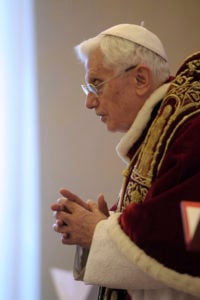 Pope Benedict XVI attends a Feb. 11, 2013, meeting with cardinals at the Vatican where he announced he would resign at the end of that month. When Pope Benedict announced that he would become the first pope in nearly 600 years to resign, speculation was as varied as it was excited about the long-term consequences of his historic act. (CNS photo/L'Osservatore Romano via Reuters) (Feb. 11, 2014) See VATICAN LETTER Feb. 11, 2014.