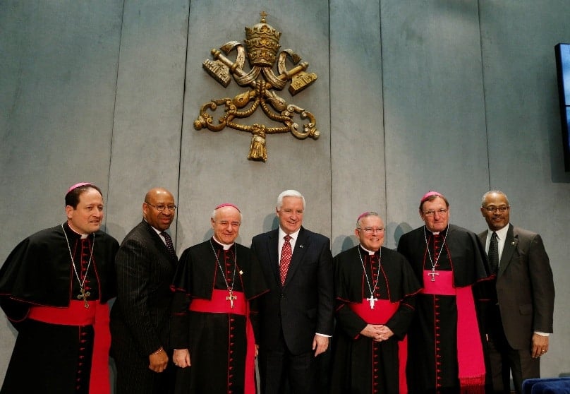 Bishop Jean Laffitte, secretary of the Pontifical Council for the Family, second from right, with Philadelphia Auxiliary Bishop John J. McIntyre, Philadelphia Mayor Michael Nutter, Archbishop Vincenzo Paglia, president of the Pontifical Council for the Family, Pennsylvania Governor Tom Corbett, Philadelphia Archbishop Charles J. Chaput,, and Everett A. Gillison, chief of staff for Mayor Nutter, after a press conference ahead of the September World Meeting of Families. Photo: CNS/Paul Haring
