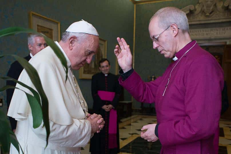 Pope Francis greets the Anglican Archbishop of Canterbury, Archbishop Justin Welby, during a private meeting at the Vatican in June. Photo: CNS
