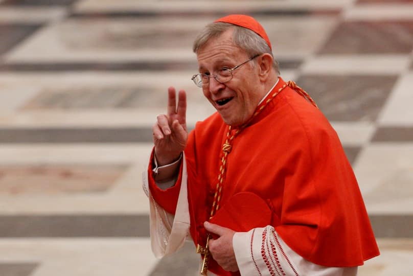 Cardinal Walter Kasper, retired president of the Pontifical Council for Promoting Christian Unity, waves as he arrives for Pope Francis' ecumenical vespers at the Basilica of St Paul Outside the Walls in January. Photo: CNS/Paul Haring