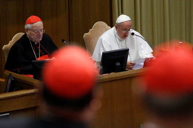 Pope Francis speaks during a meeting with cardinals and cardinals-designate in the synod hall at the Vatican in February. Photo: CNS/Paul Haring