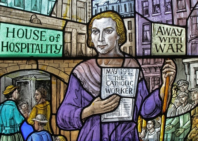Dorothy Day, co-founder of the Catholic Worker movement, is depicted in a stained-glass window at Our Lady of Lourdes Church in the Staten Island borough of New York. Photo: CNS/Gregory A. Shemitz 