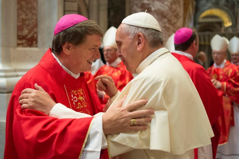 Pope Francis greets Archbishop Anthony Fisher of Sydney after a Mass marking the feast of Sts Peter and Paul in St Peter's Basilicaon 29 June 29. Photo: CNS/Paul Haring