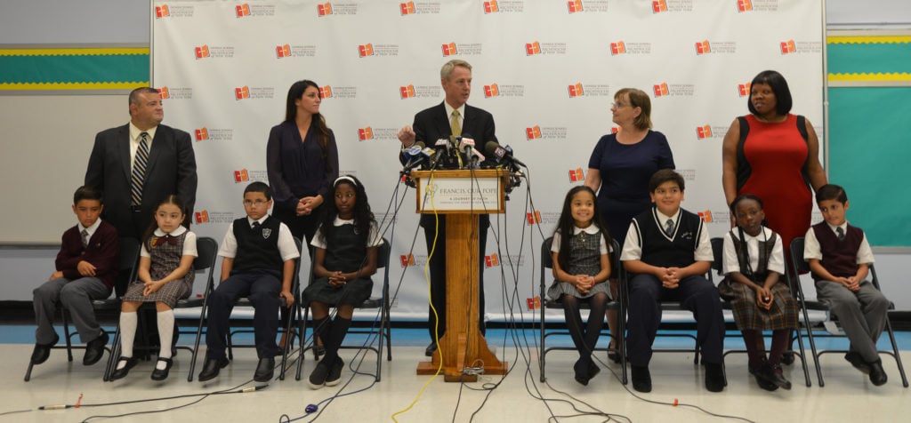 Timothy McNiff, superintendent of schools for the archdiocese of New York, outlines details of Pope Francis' visit to Our Lady of the Angels School in East Harlem in September. Photo: CNS/Chris Shgeridan, Catholic New York
