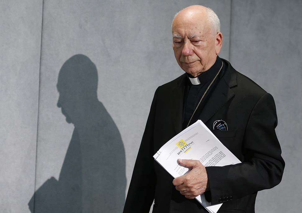 Cardinal Francesco Coccopalmerio, president of the Pontifical Council for Legislative Texts, arrives for a press conference for the release of Pope Francis' documents concerning changes to marriage annulments.  Photo: CNS/Paul Haring