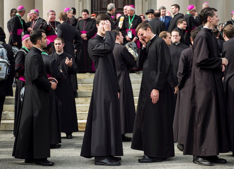 Seminarians reacts after Pope Francis departs St Charles Borromeo Seminary in the United States in September. Photo: CNS/Joshua Roberts See POPE-FAMILY-BISHOPS Sept. 27, 2015. 