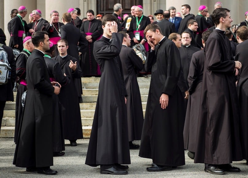 Seminarians reacts after Pope Francis departs St Charles Borromeo Seminary in the United States in September. Photo: CNS/Joshua Roberts See POPE-FAMILY-BISHOPS Sept. 27, 2015.