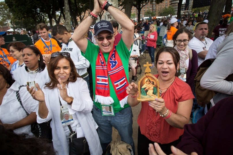 Virginia Rivas of New Jersey holds the image of Our Lady of Schoenstatt as she waits for Pope Francis to arrive for the closing Mass of the World Meeting of Families on 27 September in Philadelphia. The Schoenstatt shrine at Mulgoa in the foothills of the Blue Mountains will be one of the holy door shrines for the Year of Mercy. Photo: Lisa Johnston. St Louis Review