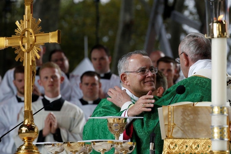 Archbishop Charles Chaput of Philadelphia exchanges the sign of peace with Pope Francis during the closing Mass of the World Meeting of Families in Philadelphia in September. Photo: CNS/Paul Haring