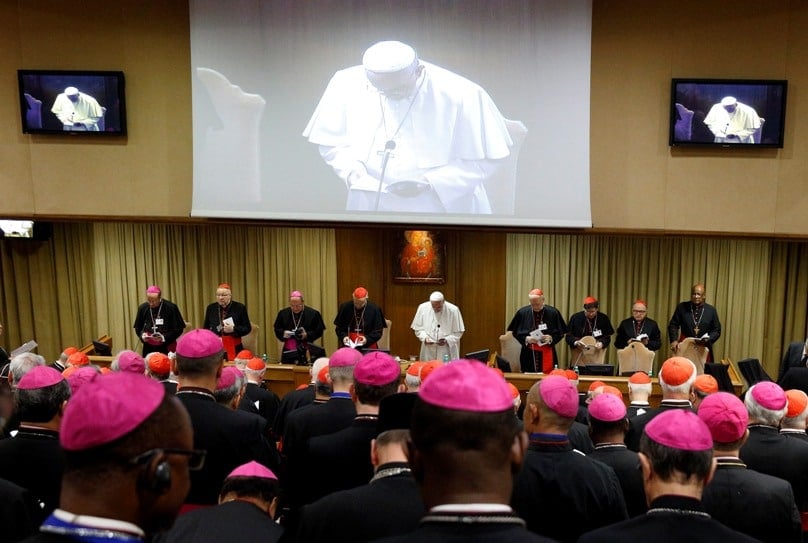Pope Francis participates in prayer at the opening session of the Synod of Bishops on the family at the Vatican on 5 October. Photo: CNS/Paul Haring