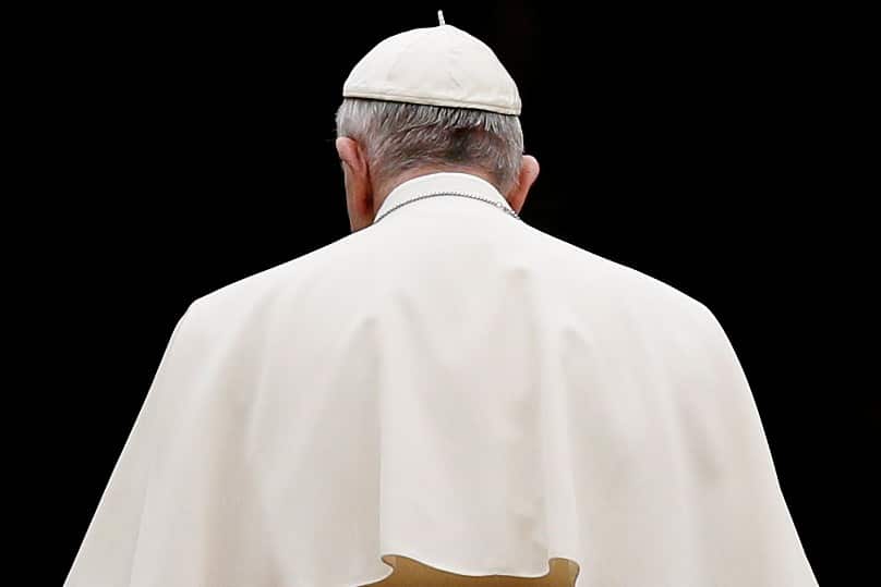 Pope Francis leaves a prayer vigil for the Synod of Bishops on the family in St Peter's Square at the Vatican. Photo: CNS/Paul Haring