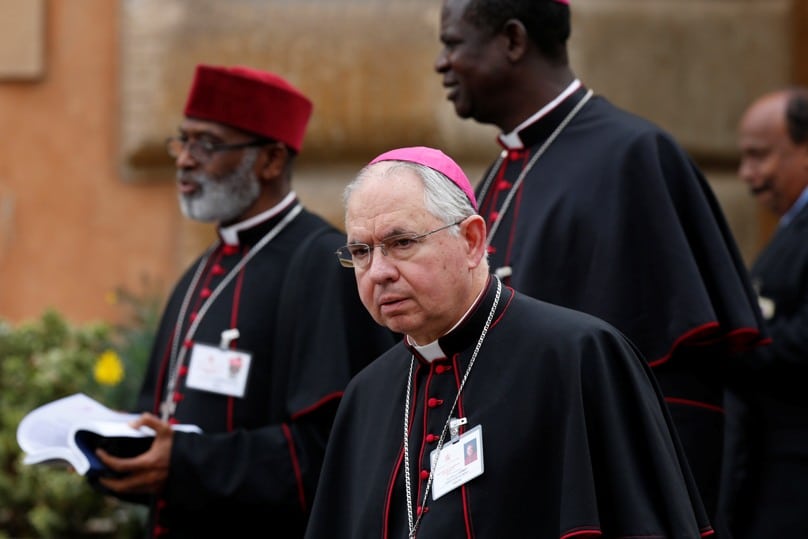 Archbishop Gomez of Los Angeles leave a session of the Synod of Bishops on the family at the Vatican on 14 October. Photo: CNS/Paul Haring 