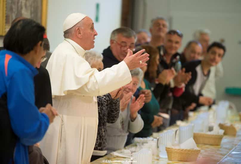 Pope Francis gestures during lunch with the poor at the Mensa di San Francesco Poverino, a charity center run by Caritas, in Florence, Italy, on 10 November. Photo: CNS/L'Osservatore Romano 