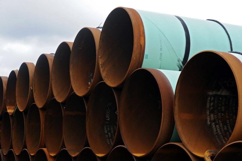 A file photo taken in 2012 shows pipes stacked at a storage yard in the TransCanada Pipe Yard near Cushing, Oklahoma, that is to be used for the Keystone XL pipeline from Cushing to the Gulf of Mexico. Photo: CNS/Larry Smith, EPA