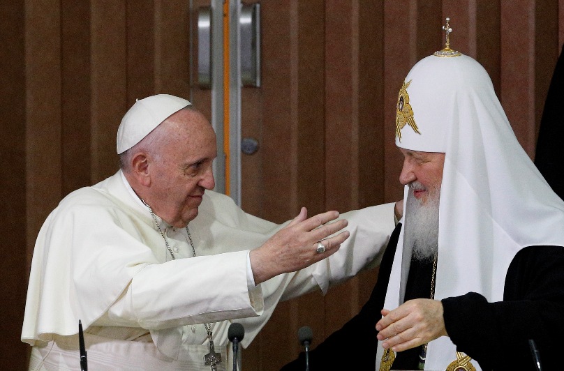 Pope Francis and Russian Orthodox Patriarch Kirill of Moscow embrace after signing a joint declaration during a meeting at Jose Marti International Airport in Havana. Photo: CNS/Paul Haring