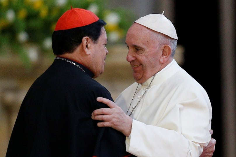 Pope Francis embraces Mexico City Cardinal Norberto Rivera Carrera during a meeting with Mexico's bishops in the cathedral in Mexico City on 13 February. Photo: CNS/Paul Haring