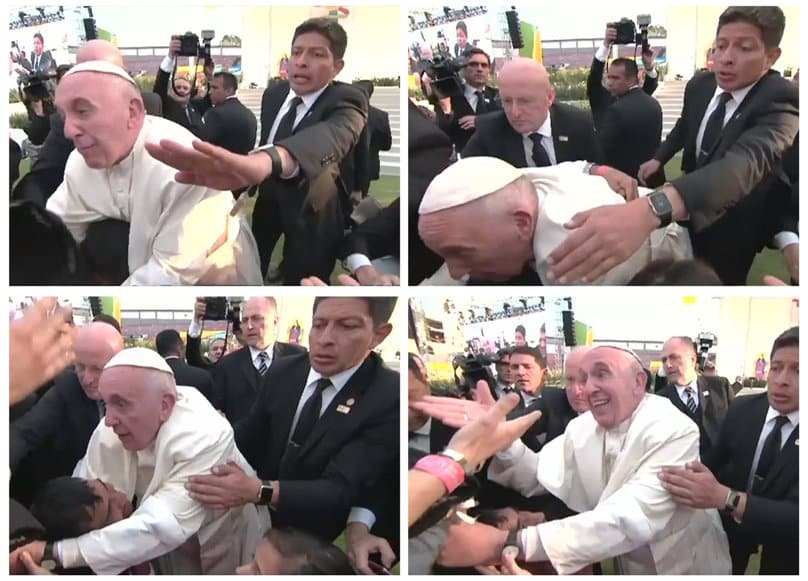 Pope Francis is pulled into the crowd during a 16 February visit to a stadium in Morelia, Mexico, in a combination of still images from pool video. As the 79-year-old pope made his way to greet a boy in a wheelchair, one of the many pilgrims reaching out to touch him pulled his arm, causing him to fall over the disabled youth. Photo: CNS/Mexican Government Televison pool via Reuters