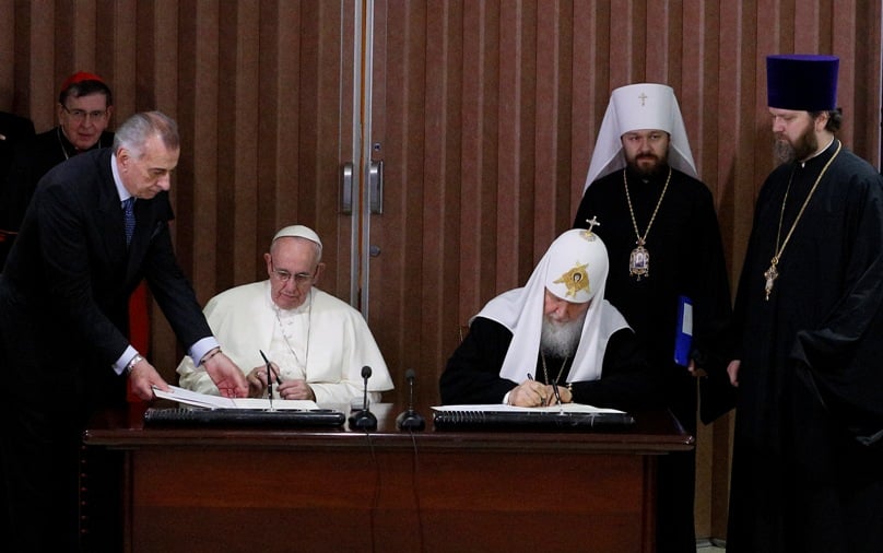Pope Francis and Russian Orthodox Patriarch Kirill of Moscow sign a joint declaration during a meeting at Jose Marti International Airport in Havana on 12 February. The 70th anniversary this month of the ‘Lviv Sobor’ recalls the Soviet Union’s calculated attempt – ultimately unsuccessful – to wipe out the Ukrainian Greek Catholic Church.    Photo: Paul Haring, CNS
