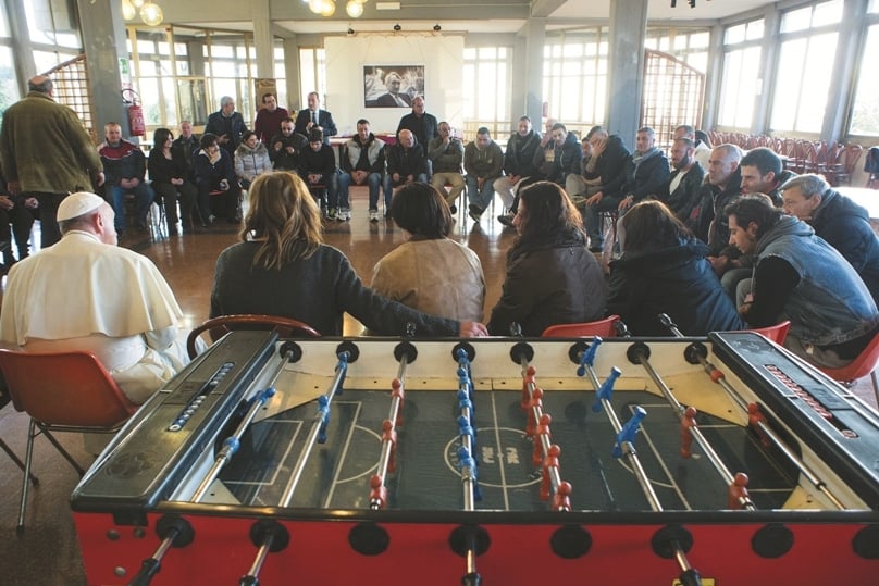 Pope Francis visits the San Carlo Community, a Catholic-run drug rehabilitation centre on the outskirts of Rome near Castel Gandolfo, Italy, on 26 February. The pope encouraged the 55 patients to trust God’s mercy to keep them strong. Photo: L'Osservatore Romano