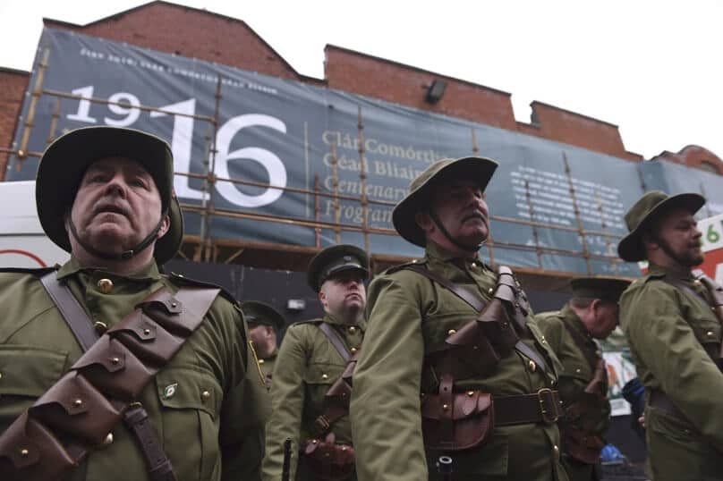 Members of the Finglas 1916 commemoration group attend a Sinn Fein rally to save Moore Street in Dublin on 31 January. Ireland's political system emerged from the rubble of the anti-British 1916 Easter Rising, which is marking its centenary this year. Photo: CNS/Clodagh Kilcoyne, Reuters