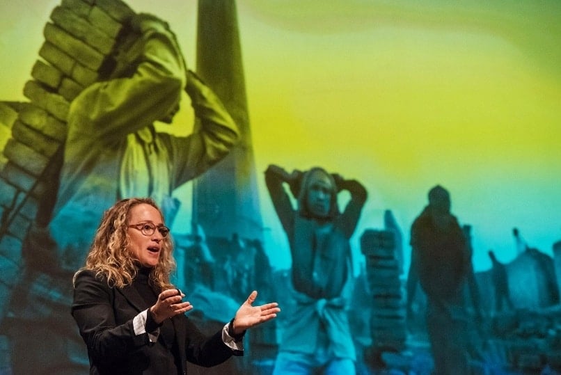Photographer Lisa Kristine gives a presentation about her work photographing human trafficking around the world. Photo: CNS/Sam Lucero, The Compass 