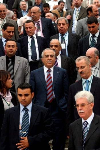 Former Palestine Prime Minister Salam Fayyad and other investors attend an investment conference in Nablus, West Bank, in this 2008 photo. Photo: CNS/Alaa Badarneh, EPA