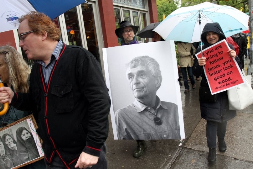 Mourners participate in a peace march on 6 May prior to the funeral Mass of Jesuit Fr Daniel Berrigan at the Church of St Francis Xavier in the Greenwich Village neighbourhood of New York City.Photo: CNS/Gregory A. Shemitz