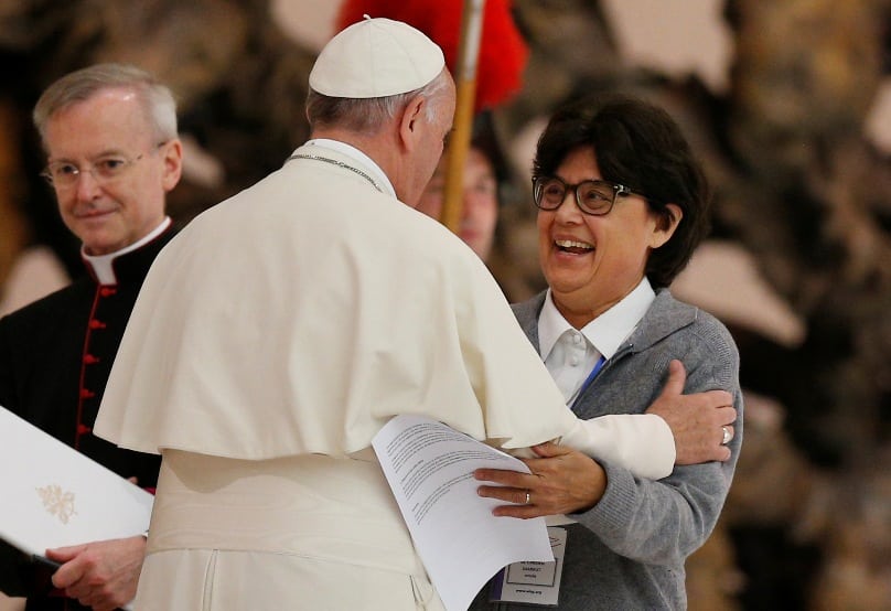 Pope Francis embraces Sr Carmen Sammut, a Missionary Sister of Our Lady of Africa and president of the International Union of Superiors General, during an audience with the heads of women's religious orders in Paul VI hall at the Vatican on 12 May. Photo: CNS/Paul Haring