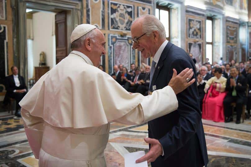 Pope Francis greets Domingo Sugranyes Bickel, president of the Centesimus Annus Pro Pontifice Foundation, during an audience with business leaders and Catholic social teaching experts at the Vatican on 13 May.Photo: CNS/L'Osservatore Romano