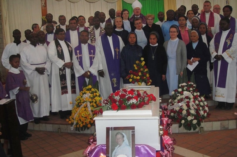 Religious stand near the casket of Holy Spirit Missionary Sr Veronika Theresia Rackova during her 25 May memorial Mass in Nairobi, Kenya. Photo: CNS/Francis Njuguna
