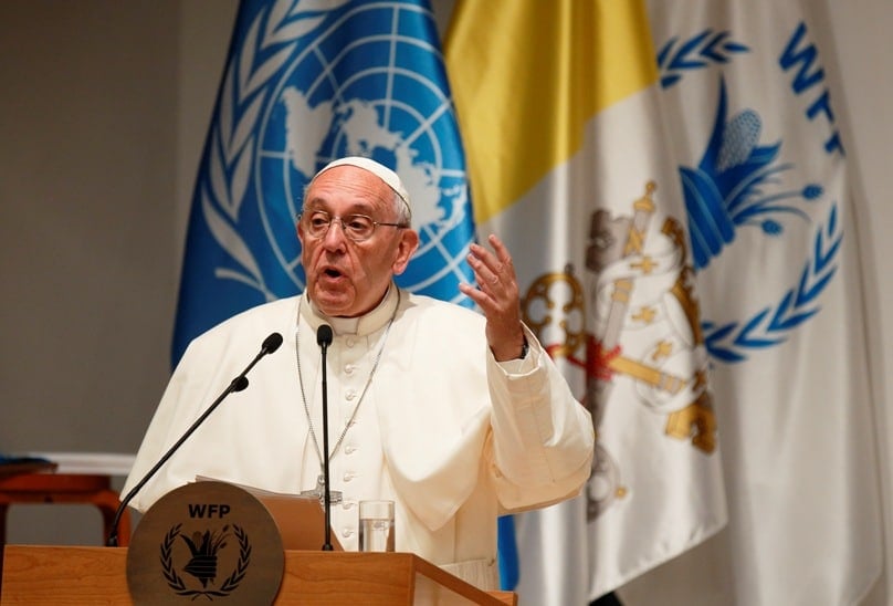 Pope Francis speaks as he visits the headquarters of the World Food Programme in Rome on 13 June. Photo: CNS/Paul Haring