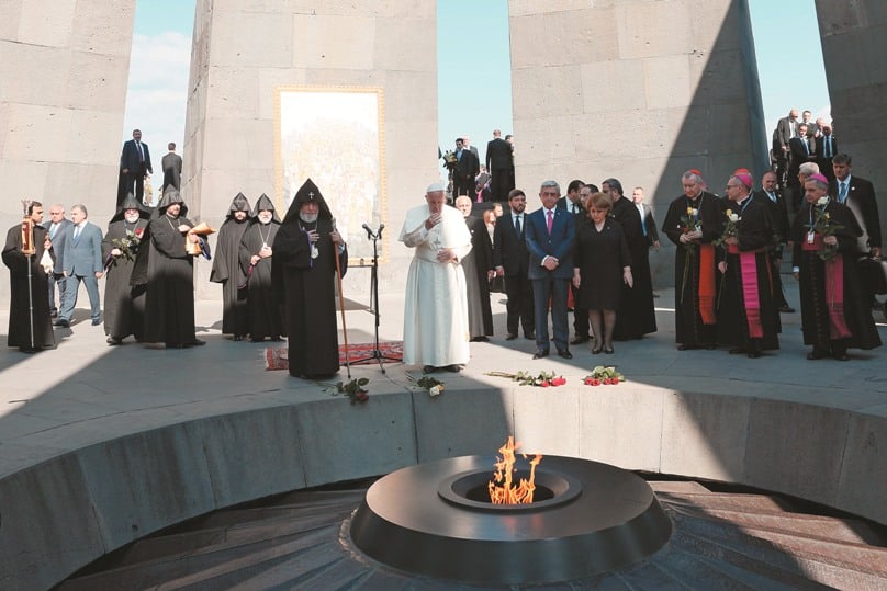 Pope Francis and Armenian President Serzh Sargsyan attend a service at the Tsitsernakaberd Memorial in Yerevan, Armenia, on 25 June. The monument honours the estimated 1.5 million Armenians killed by Ottoman Turks in 1915-18. Photo: Paul Haring, CNS