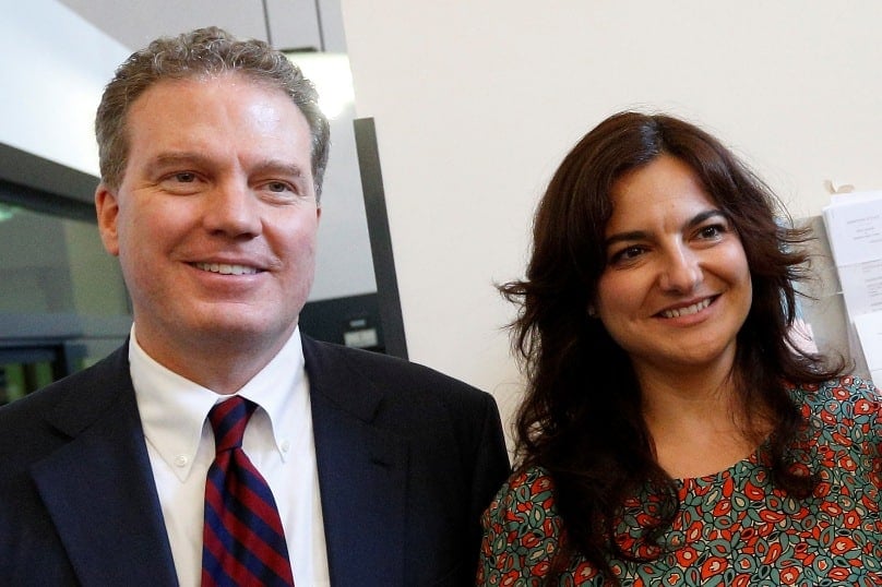 Greg Burke, the new director of the Vatican press office and Vatican spokesman, and Paloma Garcia Ovejero, the new vice director, are pictured during an announcement of their appointments. Photo: CNS/Paul Haring