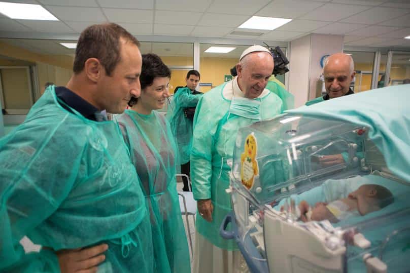 Pope Francis visits the neonatal unit at San Giovanni Hospital in Rome. Photo: CNS/L'Osservatore Romano
