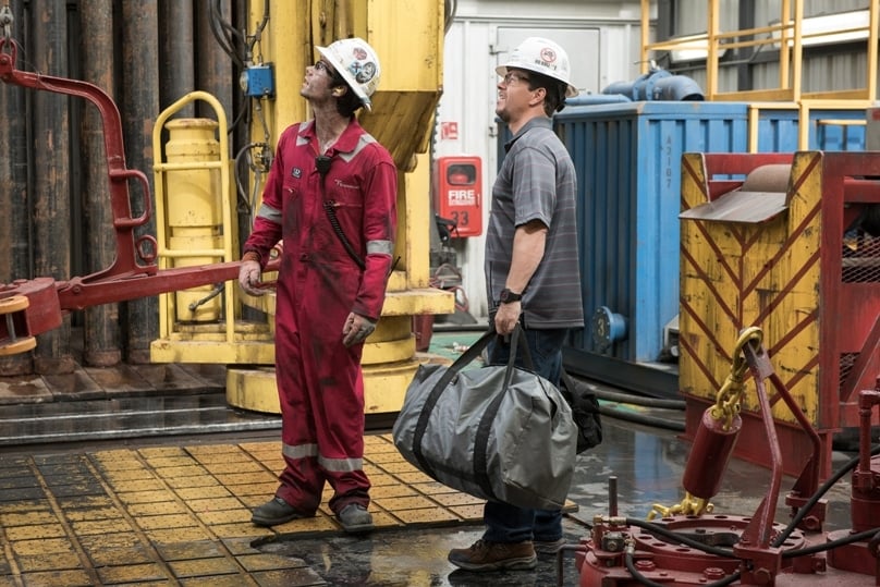 Dylan O'Brien and Mark Wahlberg star in a scene from the movie <i>Deepwater Horizon</i>.