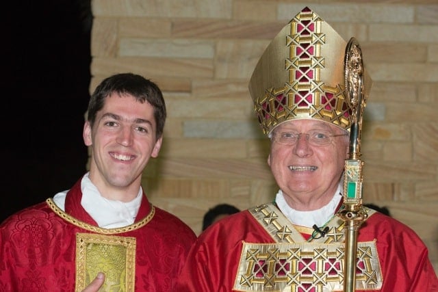The newly-ordained Fr Stefan Matuszek with Bishop Geoffrey Jarrett.