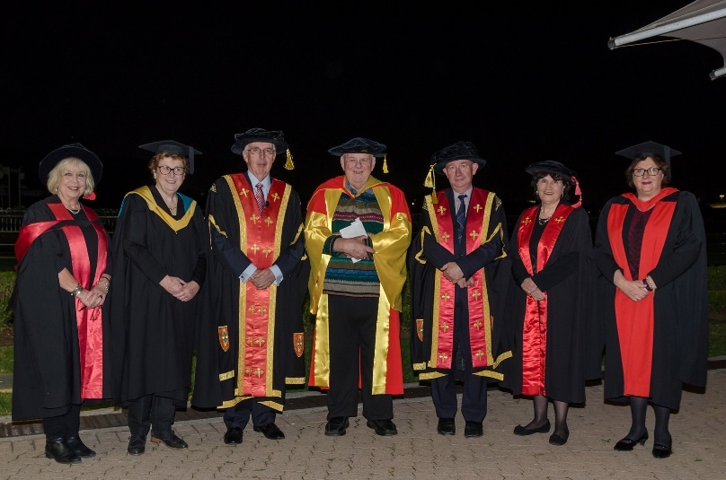 Pictured after the award of the honorary doctorate to poet Les Murray are (from left): Executive Dean Faculty of Education and Arts Professor Tania Aspland, Deputy Vice-Chancellor (Students Learning and Teaching) Professor Anne Cummins, Pro Chancellor Julien O’Connell, Les Murray, Vice-Chancellor Professor Greg Craven, chair of the Academic Board Professor Margot Hillel and Associate Vice-Chancellor (NSW/ACT) Professor Marea Nicholson.