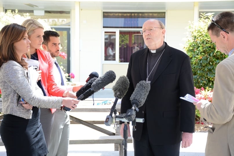 Archbishop Julian Porteous addresses media in Tasmania in 2017. One issue is that of the relationship between Church and state and the sharp challenges to religious and conscientious freedom with which Archbishop Porteous has had close and punishing encounters since taking up his role in 2013. Photo: Archdiocese of Hobart