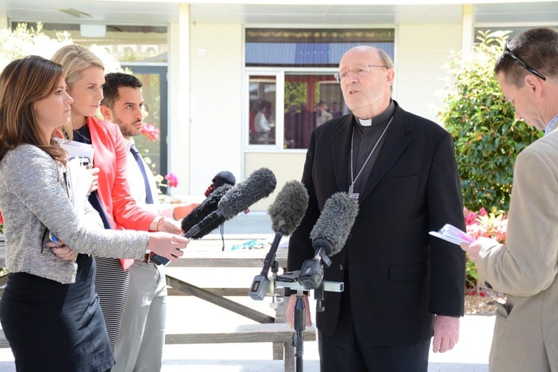 Archbishop Julian Porteous addresses media in Tasmania last November. Photo: Archdiocese of Hobart