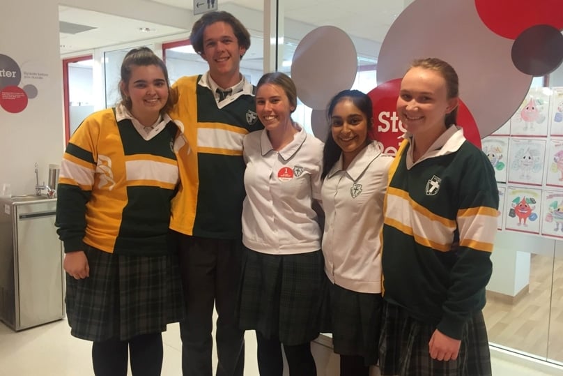 St John Bosco College students and blood donors Siobhan McDonnell, Denzal Laarakkers, Chelsea Ryan, Sarah Dacunha and Bridget Mansfield.