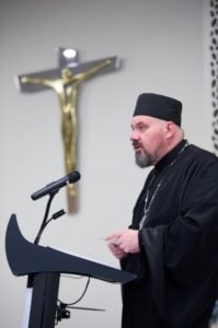 Ukrainian Catholic priest Fr Simon Ckuj speaking at the launch of the new Ukrainian catechism, the first in 400 years. Photo: Giovanni Portelli Photography © 2016