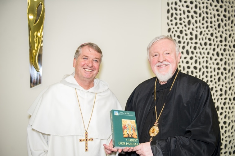 Archbishop Anthony Fisher OP and Bishop Peter Stasiuk CSsR, eparch of the Ukrainian Catholic eparchy of St Peter and St Paul in Australia, New Zealand and Oceania, at the launch of the new Ukranian Catholic catechism, Christ Our Pascha. Photo: Giovanni Portelli