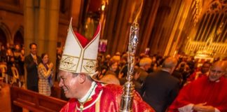 Bishop Richard Umbers, pictured with mitre and crosier, at his ordination Mass at St Mary's Cathedral on 24 August. Photo: Giovanni Portelli