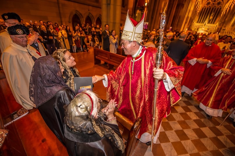 Bishop Richard Umbers, pictured with mitre and crosier, at his ordination Mass at St Mary's Cathedral on 24 August. Photo: Giovanni Portelli