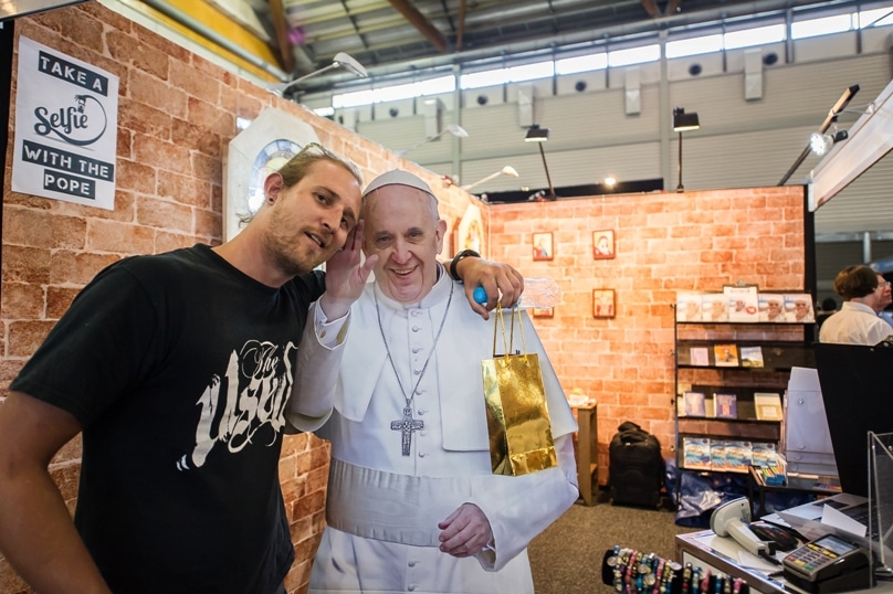Posing with the pontiff at the Mind, Body and Spirit Festival. Photo: Giovanni Portelli
