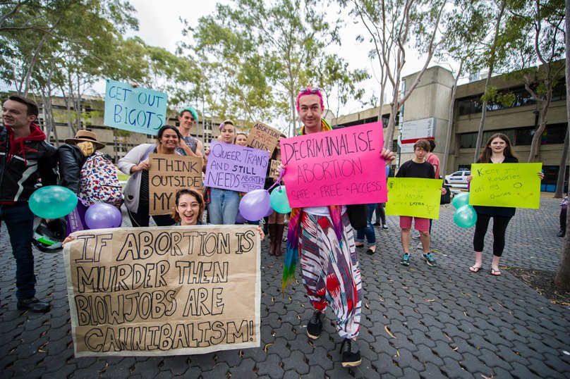 Protestors at a pro-life talk at Macquarie University. Photo: Giovanni Portelli