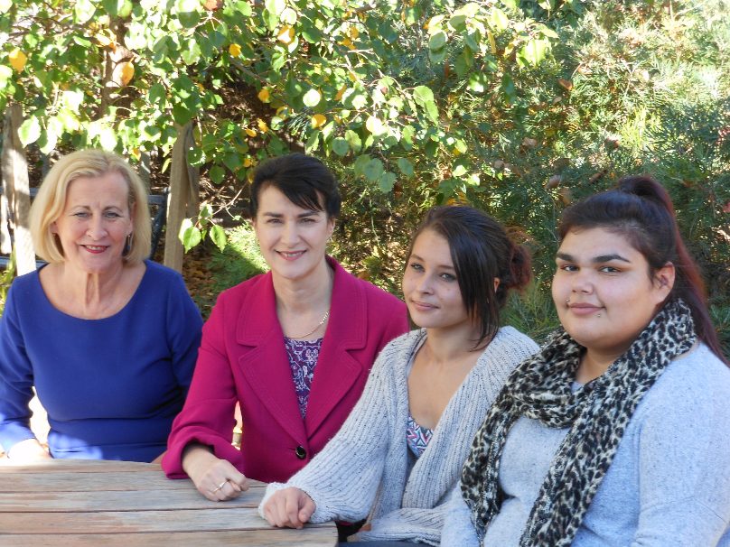 Lyn Harrison (left), of Rosemount Good Shepherd, with (from left) Carmel Tebbutt, MP for Marrickville, and HSC students Sophie and Taylor.