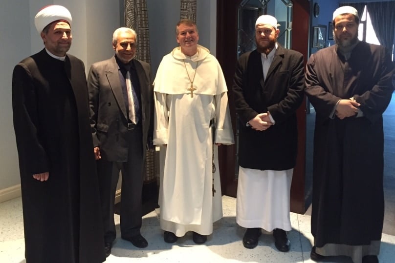 Together with other Muslim community representatives the Grand Mufti of Australia, Dr Ibrahim Abu Muhammed, second from left, joins Archbishop Anthony Fisher OP at Cathedral House following the murder of Fr Jacques Hamel in the French village of Etienne-du-Rouvray on 26 July.